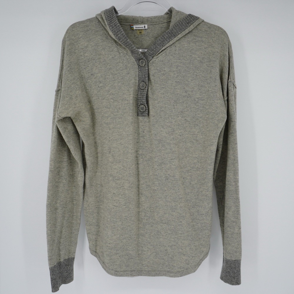 Smartwool Hoodie Womens Medium Gray Henley Merino Wool Blend Pullover Sweater